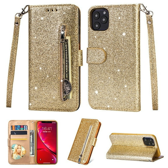 Dteck Case For Apple iPhone 11 Pro Max(6.5 inches) ,Magnetic Leather Bling Glitter Card Holder Wallet Case Kickstand Strap Full Protective Phone Shockproof Rubber Cover ,Gold