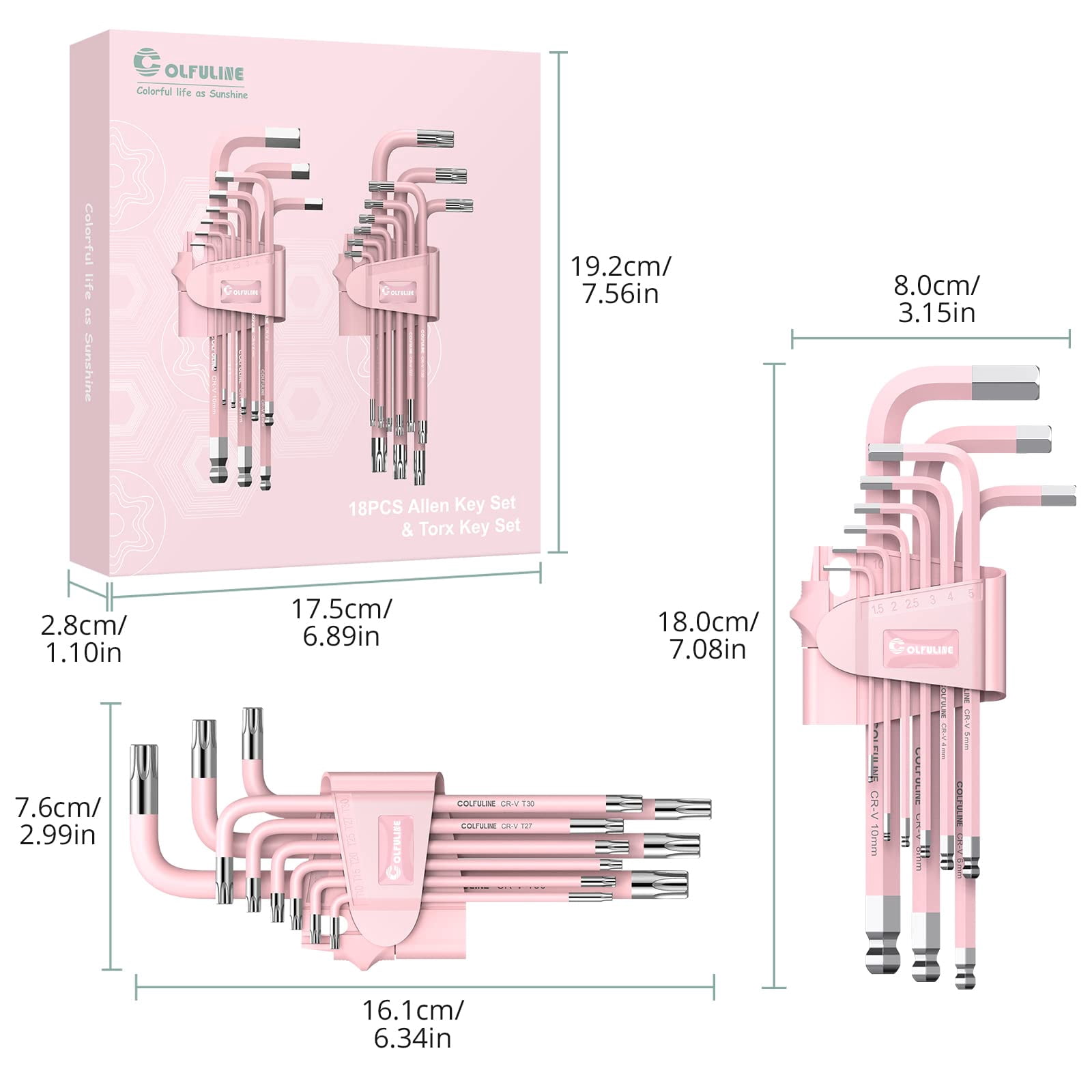 COLFULINE 9-Piece Pink Long Ball End Hex Key Set, Cr-V Allen Wrench Kit with Color-Coded Sizes (1.5-10mm) - Ideal Gift for Women, Perfect for Home Repair, DIY Projects, Bike & Furniture Maintenance