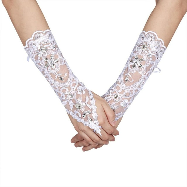 Gants Sans Doigts en Dentelle Blanche Ivoire pour Mariée, Accessoire de Mariage