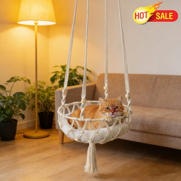 Qocolcyl Boho Hand Woven 100% Cotton Cat Hammock Swing, Tassel Bell Hanging Kitty Basket Perch, Heavy Duty Elevated Window Cat Bed Indoor Home Decor Cage Accessory,White