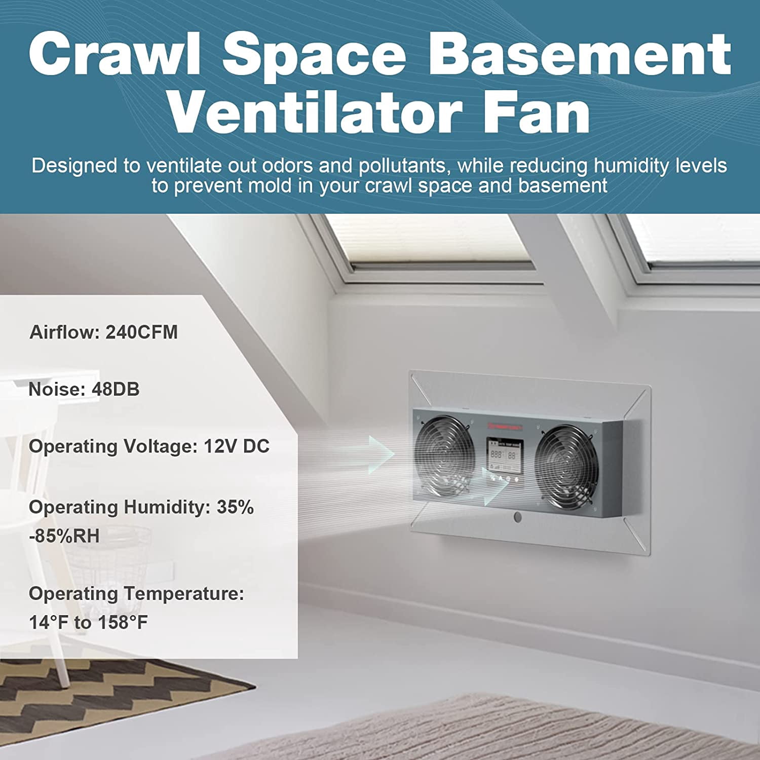 Crawl space Ventilator Fan with Humidistat 240CFM (Air-out)Exhaust Fan