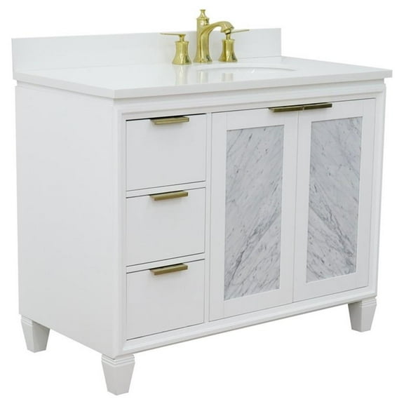 Trento 43" Solid Wood Vanity with Right Oval Sink in White Quartz Stone