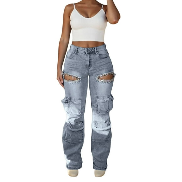Aocisk Women Rhinestone Cargo Jeans High Waisted Baggy Sparkly Cut Out Ripped Distressed Pants for Women Stretchy Denim for Fashion Light Blue M