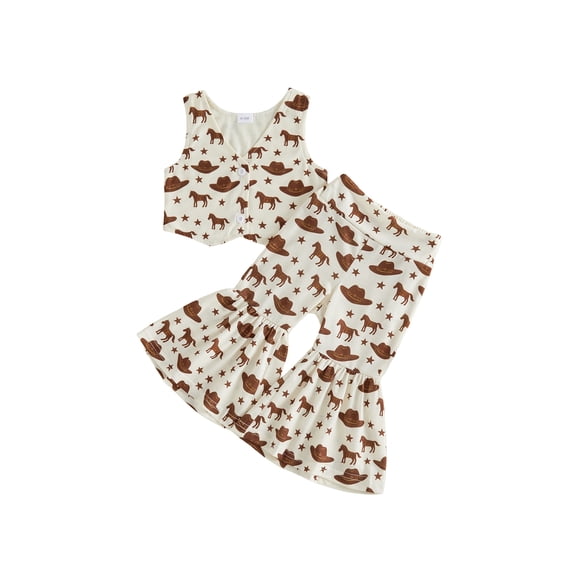 BemeyourBBs Western Baby Girl Cowgirl Outfits Toddler Baby Girl Summer Clothes Horse Star Hat Print V Neck Sleeveless Button Down Tank Vest Tops and Bell Bottoms Flare Pants Set