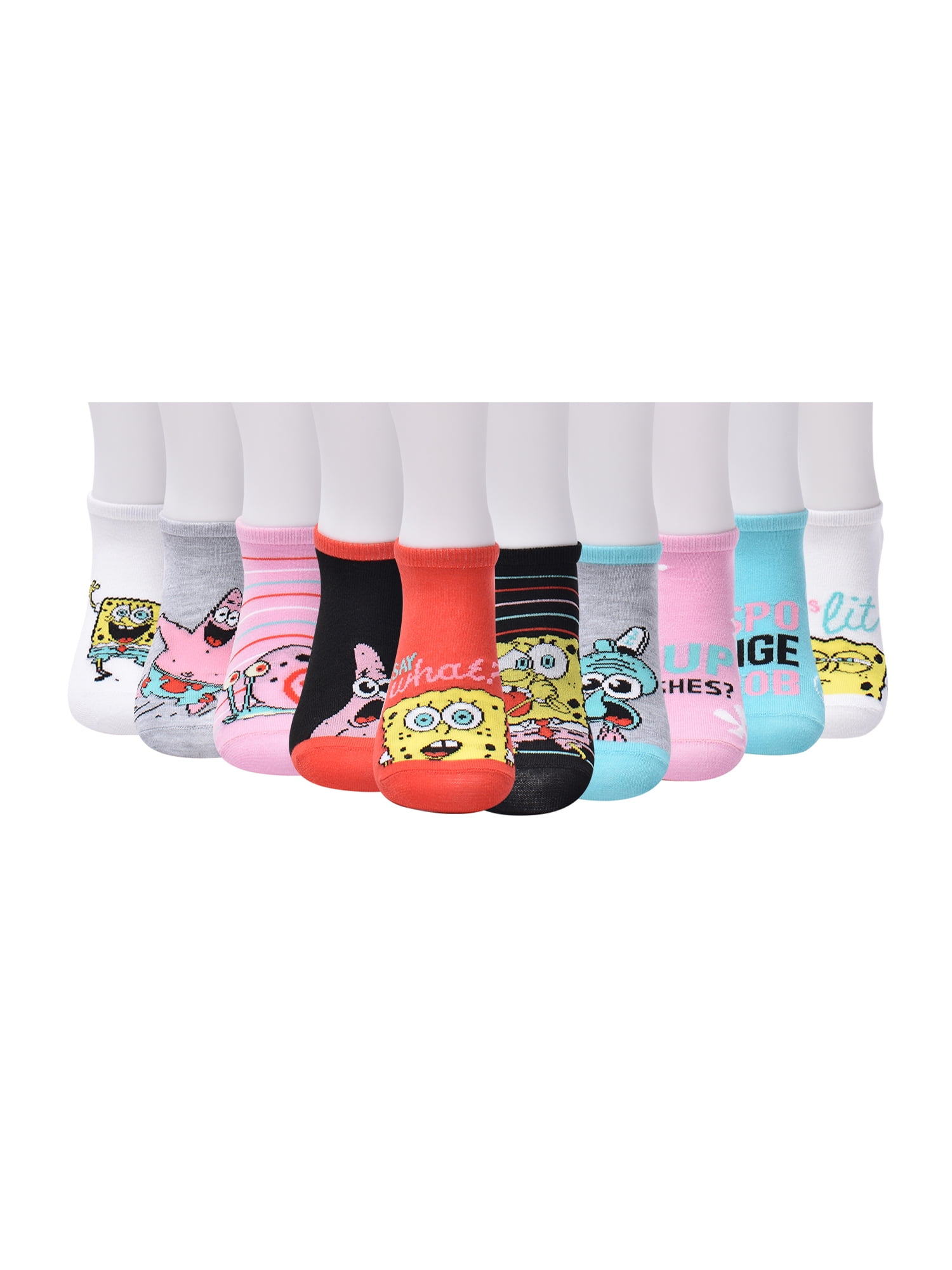 SpongeBob SquarePants Women's Graphic Super No Show Socks, 10-Pack, Shoe Size 4-10