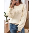 thumbnail image 4 of Womens Ribbed Sweater Crew Neck Short Sleeve Loose Fit Floral Knit Pullover Tops Cream White XL, 4 of 9