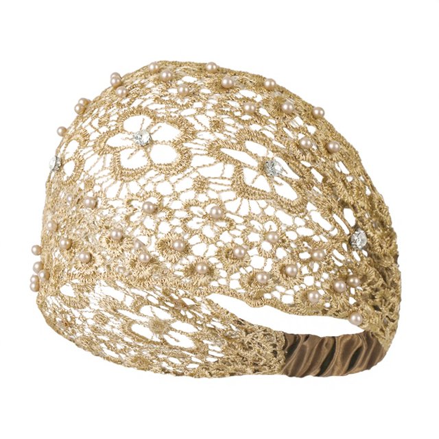 Diadema para mujer con diseño calado, bordado de encaje, flores, elástica, con perlas de imitación y brillantes incrustados. Accesorios para el cabello.