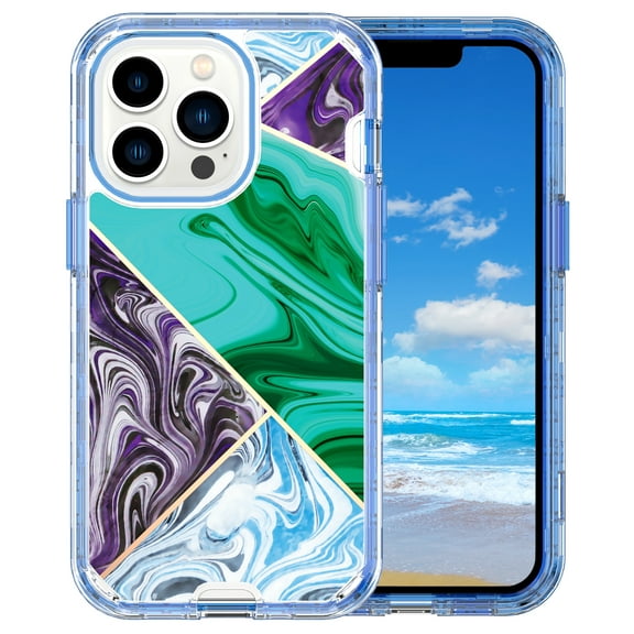 Casetego for iPhone 13 Pro Max Case,Shiny Bling Marble Full Body Protective Support Wireless Charing Bumper Rugged Anti-Scratch Hybrid Rubber Case Cover,Purple Green