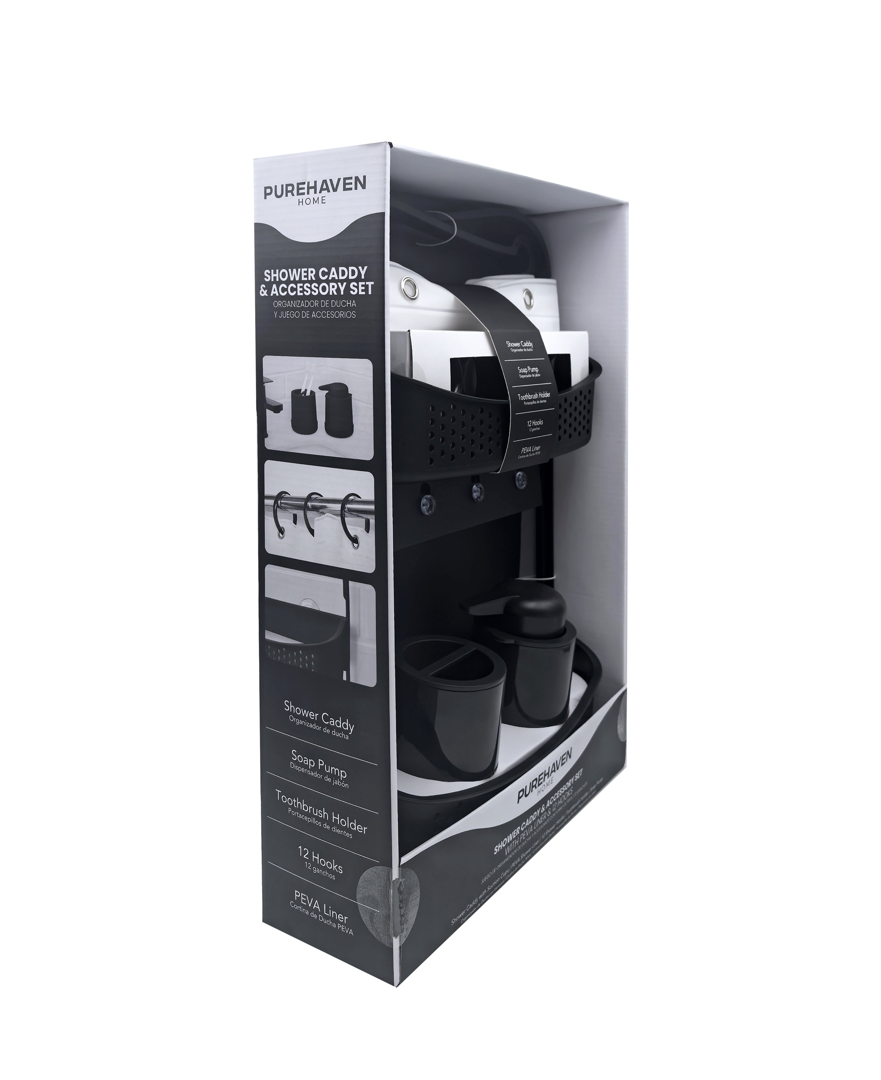 Purehaven Home Shower Caddy and Bath Accessory Set for College Dorms and Apartments, Black