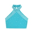thumbnail image 5 of Yeahdor Kids Girls 2Pcs Gymnastics Dance Outfits Shiny Halter Crop Top with Booty Shorts Activewear Blue Green 10, 5 of 7