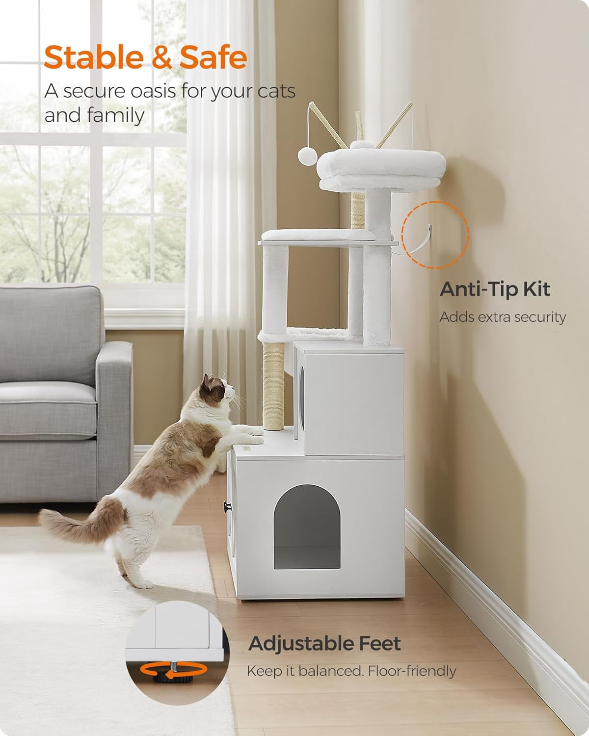 Favory Cat Tree with Litter Box Enclosure, 59-Inch Modern Cat Tower, 2-in-1 Condo with Scratching Posts, Washable Removable Cushion, Cloud White UPCT113W01