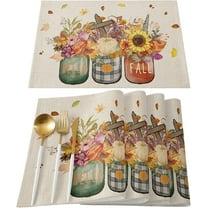 Fall Placemats, Floral Vase Pumpkin Leaf Hello Fall Thanksgiving Placemats Set of 6, Seasonal Autumn Flower Place Mats Washable Table Mats for Dining Table