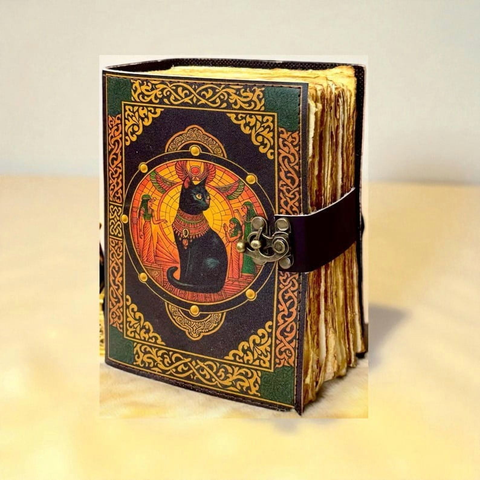 Handmade Leather Journal with Egyptian Cat Artwork – 5x7 Inch Vintage Notebook, 200 Pages of Handmade Paper, Antique Latch – Writing, Sketching & Gift Diary