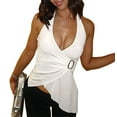 thumbnail image 3 of Halter Tops for Women V Neck Tie Halter Backless Top Sleeveless Wrap Top Ruffle Asymmetrical Halter Tops White M, 3 of 9