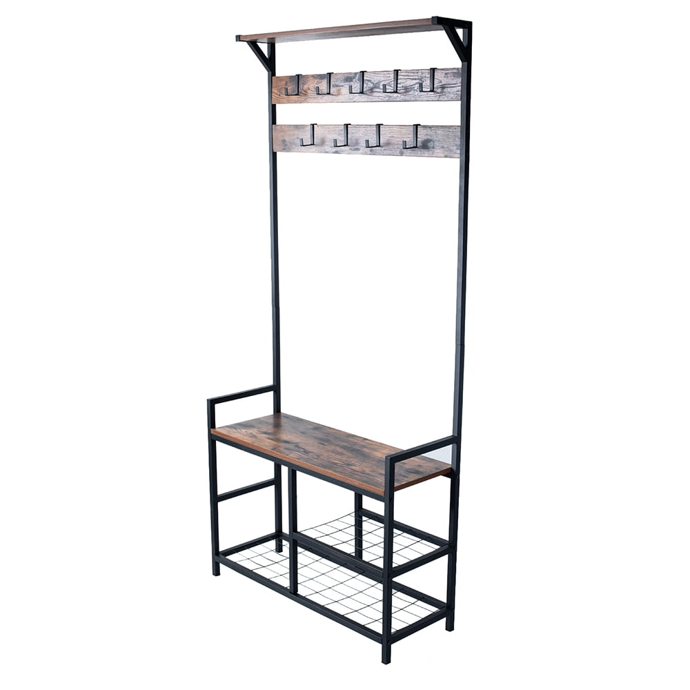 Lowestbest Coat rack, Industrial Style Hall Tree Entrance Storage Rack Three-in-One Design, Rustic Brown Lowestbest Coat rack, Industrial Style Hall Tree Entrance Storage Rack Three-in-One Design, Rustic Brown