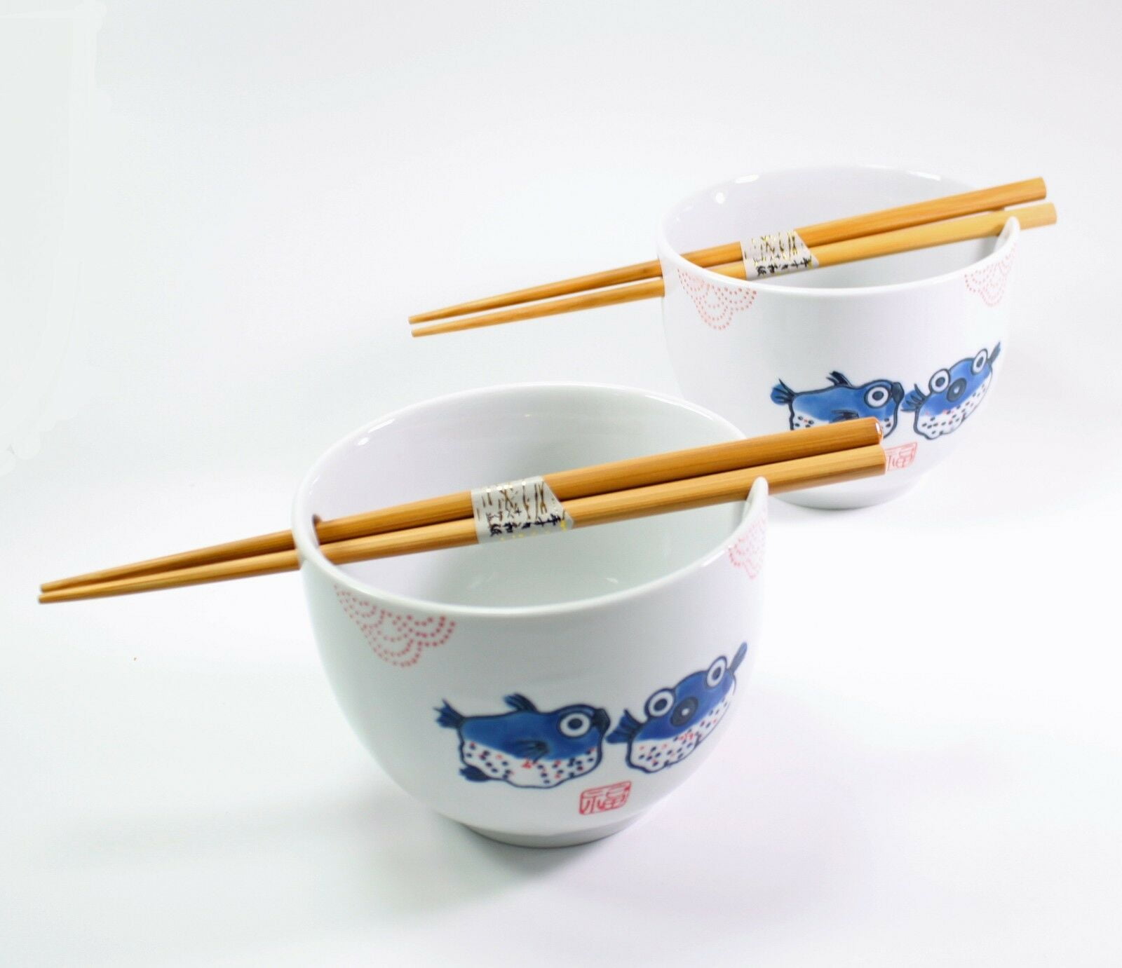 ERROR [Set of 2] Japanese Porcelain Ceramic Bowls w Chopsticks Ramen Soup Noodle Porridge Menudo Ramen Udon Pasta Cereal Ice cream Pho Rice Instant Noodle ~ We Pay Your Sales Tax (Puffer Fish) EHD
