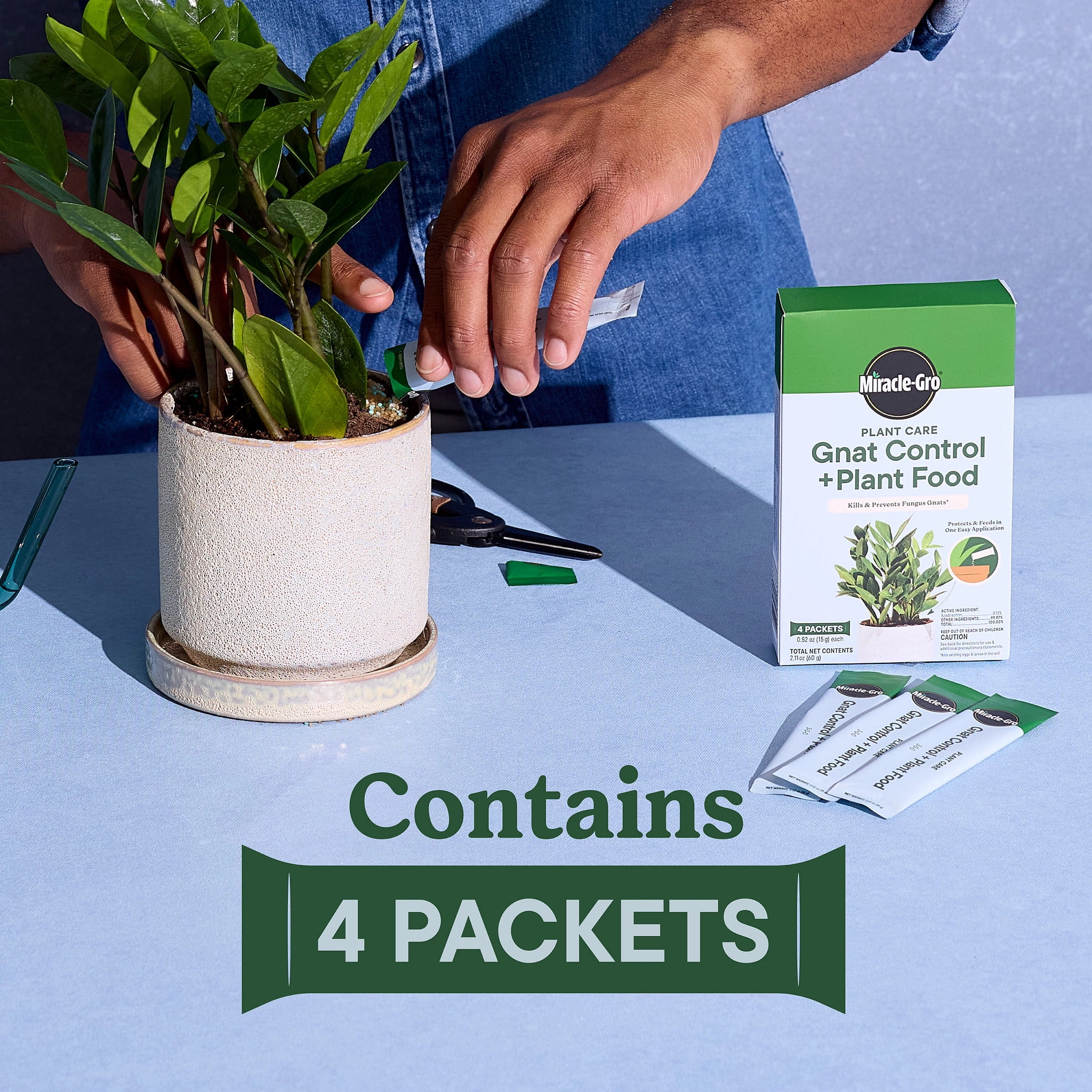 Miracle-Gro Plant Care Gnat Control Plus Plant Food, for Indoor Plants, Houseplants, Vegetables, and Herbs, 4 Packets