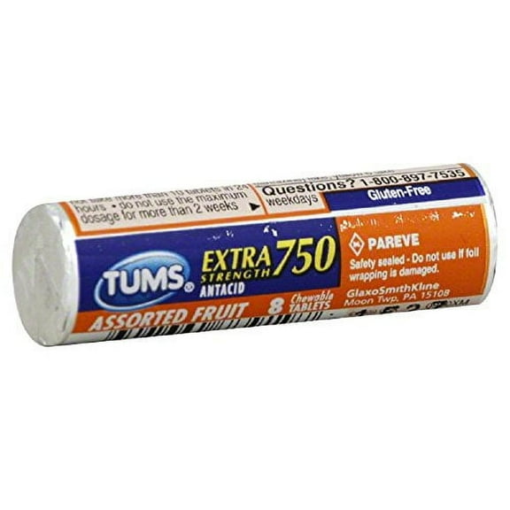 Tums Extra Strength Assorted Fruit Flavor Chewable Tablets, 8 Count Per Roll, 12 Rolls Per Case (6 Cases)
