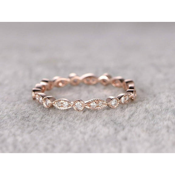 0.50 Carat 10k Rose Gold Wedding Band with Moissanite Diamonds Anniversary Ring Milgrain Design Art Deco