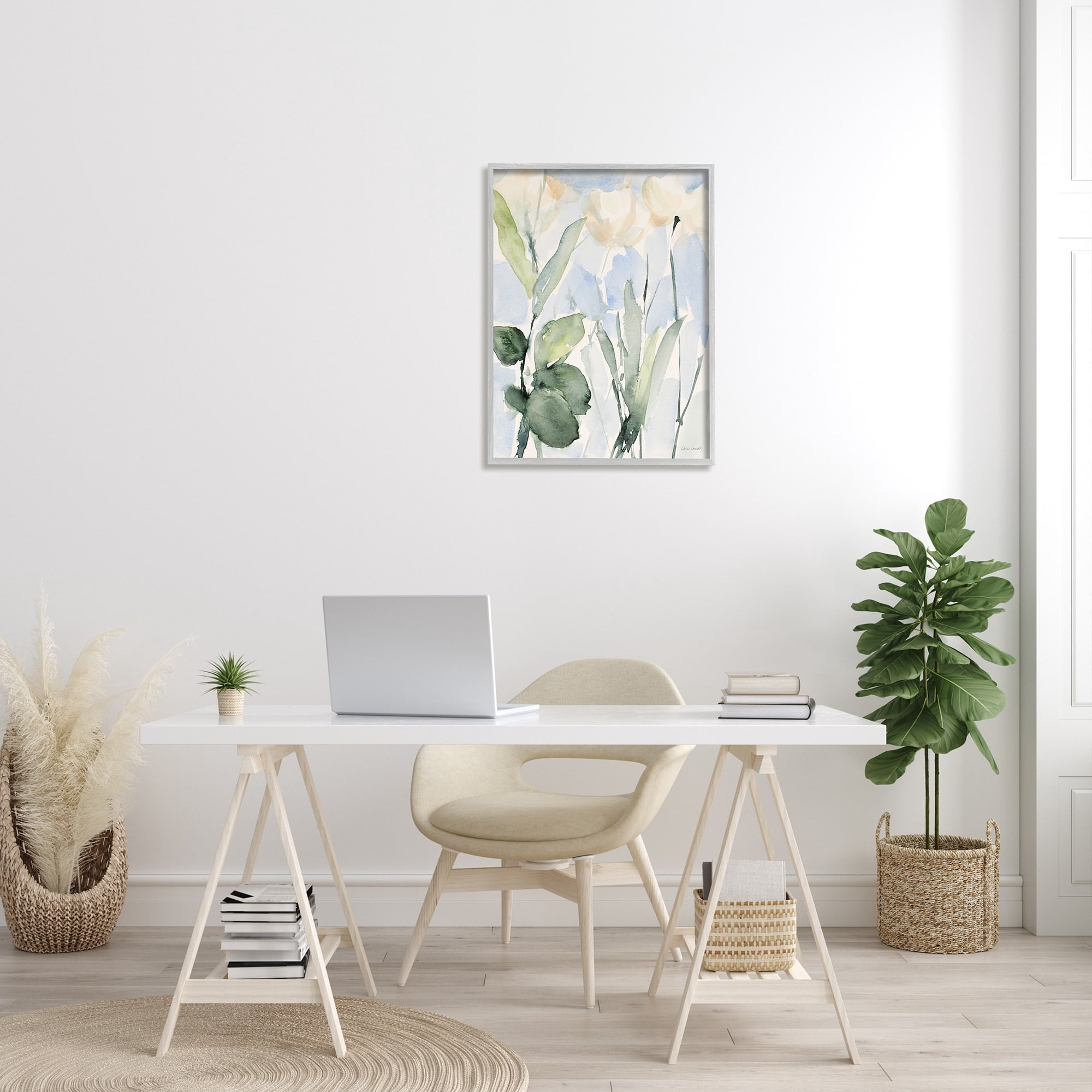 Stupell Industries Abstract White Flowers Leaves Watercolor Effect Brushstrokes Painting Gray Framed Art Print Wall Art, Design by Lanie Loreth