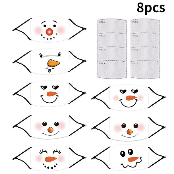 45 8 piezas de dibujos animados de Navidad a prueba de polvo mascarilla divertida expresión de muñeco de nieve protector bucal protector de impresión digital con filtro reemplazab