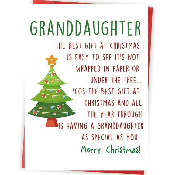 Merry Christmas Card for Granddaughter – Heartfelt Message with Illustrated Christmas Tree – Envelope Included, Blank Inside – Perfect Gift for Holiday Wishes