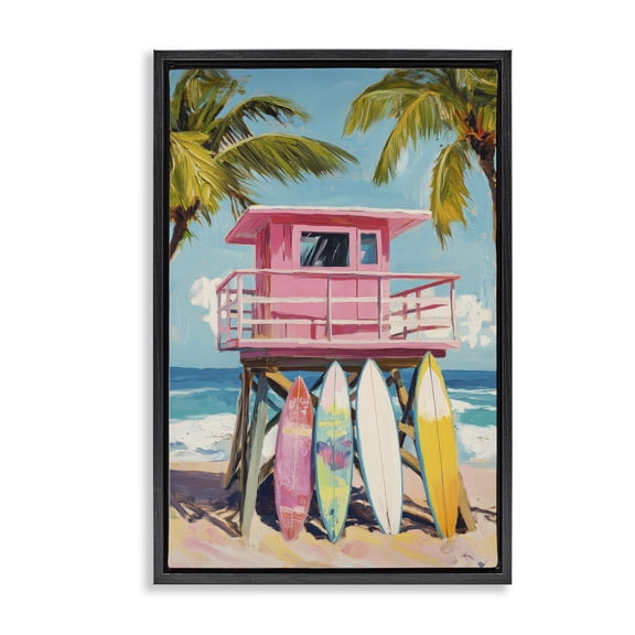 Stupell Industries Coastal High Pink Surf Shack Black Floating Frame Canvas Art, 17 x 25, by Petals Prints Design