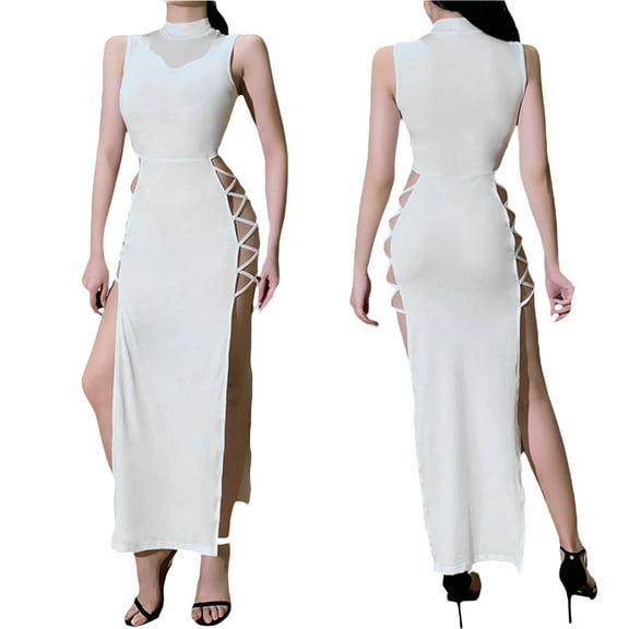 Women Split Maxi Dress Sleeveless Hollow Out Crisscross Bodycon Dress High Neck Cocktail Long Dress