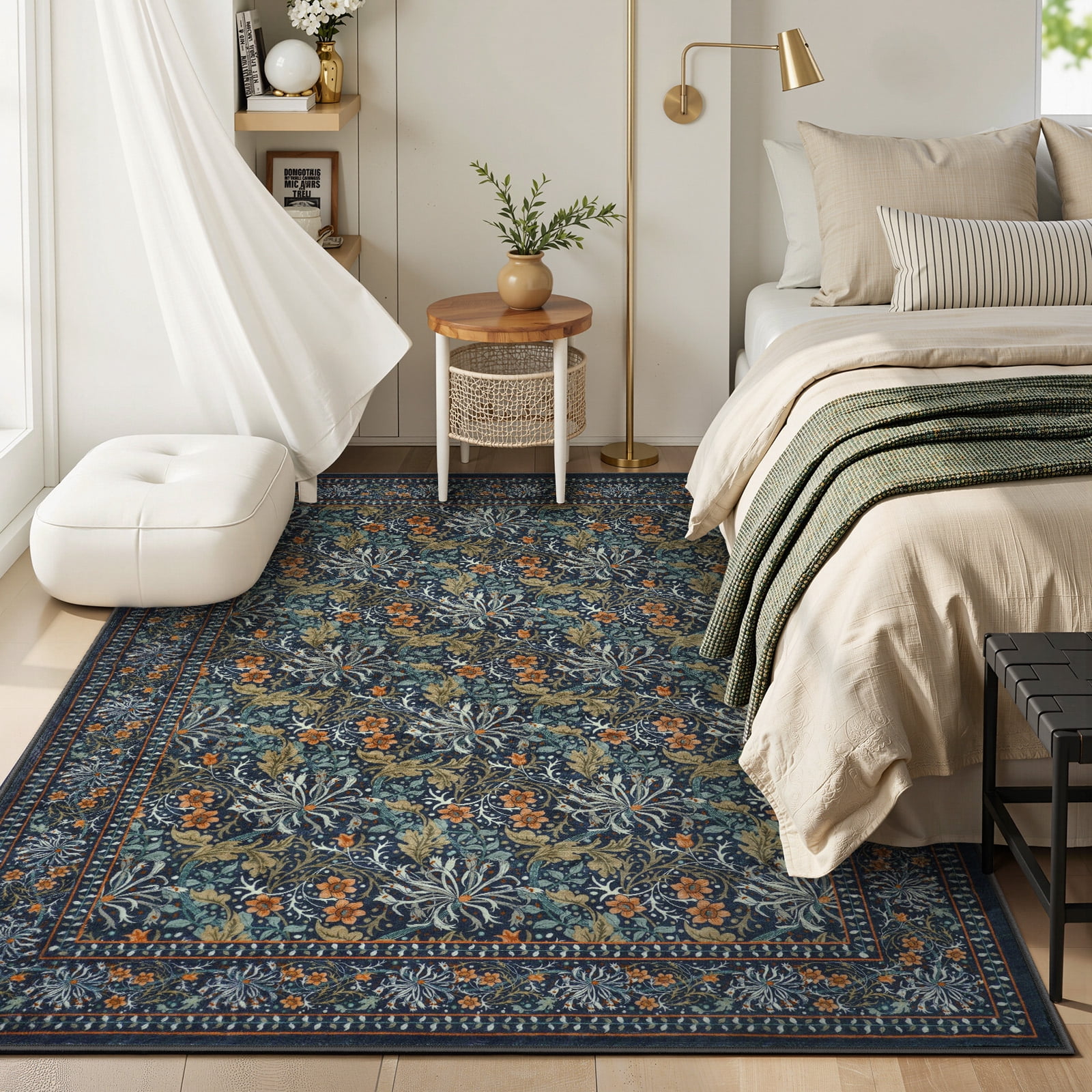SUNDEREY 5'x7' Vintage Floral Area Rugs for Living Room, Washable Large Boho Area Rugs for Bedroom, Soft Non-Slip Thin William Morris Botanical Rug for Dining Room Home,Dark Green