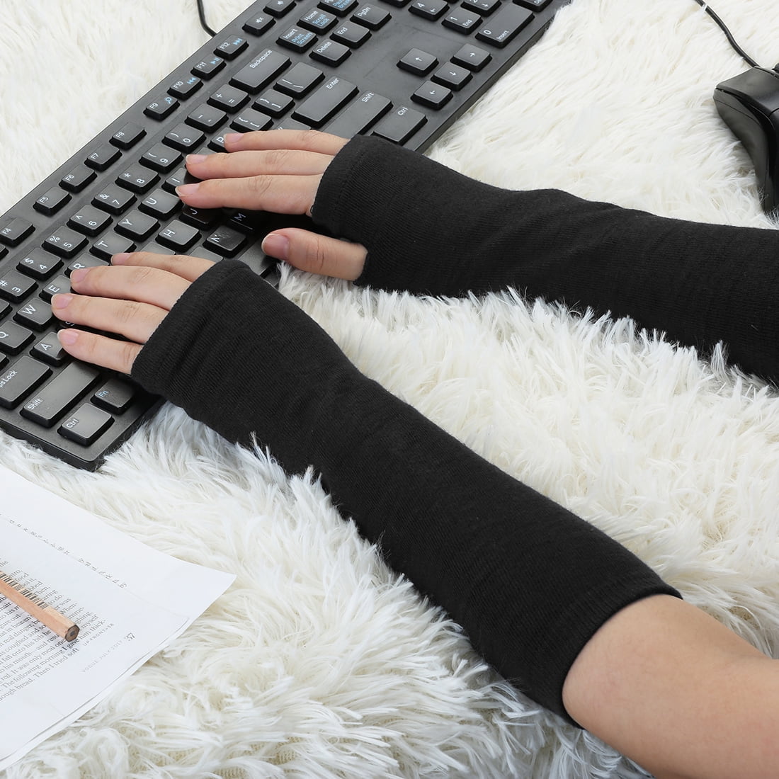 Unique Bargains Women Winter Stripes Fingerless Thumbhole Elastic Long Gloves Black