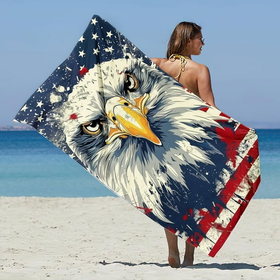 Riecok Microfiber Blanket Independence Day American Flag Eagle Print Beach Towel Versatile Quick Dry for Children Pets Adults