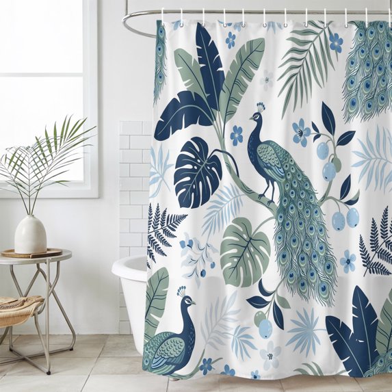 54x78 Inch Shower Curtain Decorative Tropical Botanical Bathtub Bath Curtains Fabric Waterproof Bathroom Decor, Summer Palm Leaves Peacock Blue Green Small Stall Shower Curtain Set with 12 Hooks