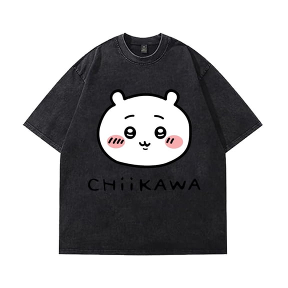Chiikawa Merch T-shirt, Retro Washed And Distressed Short-sleeved Top, Unisex Cute Printed Pullover T-shirt