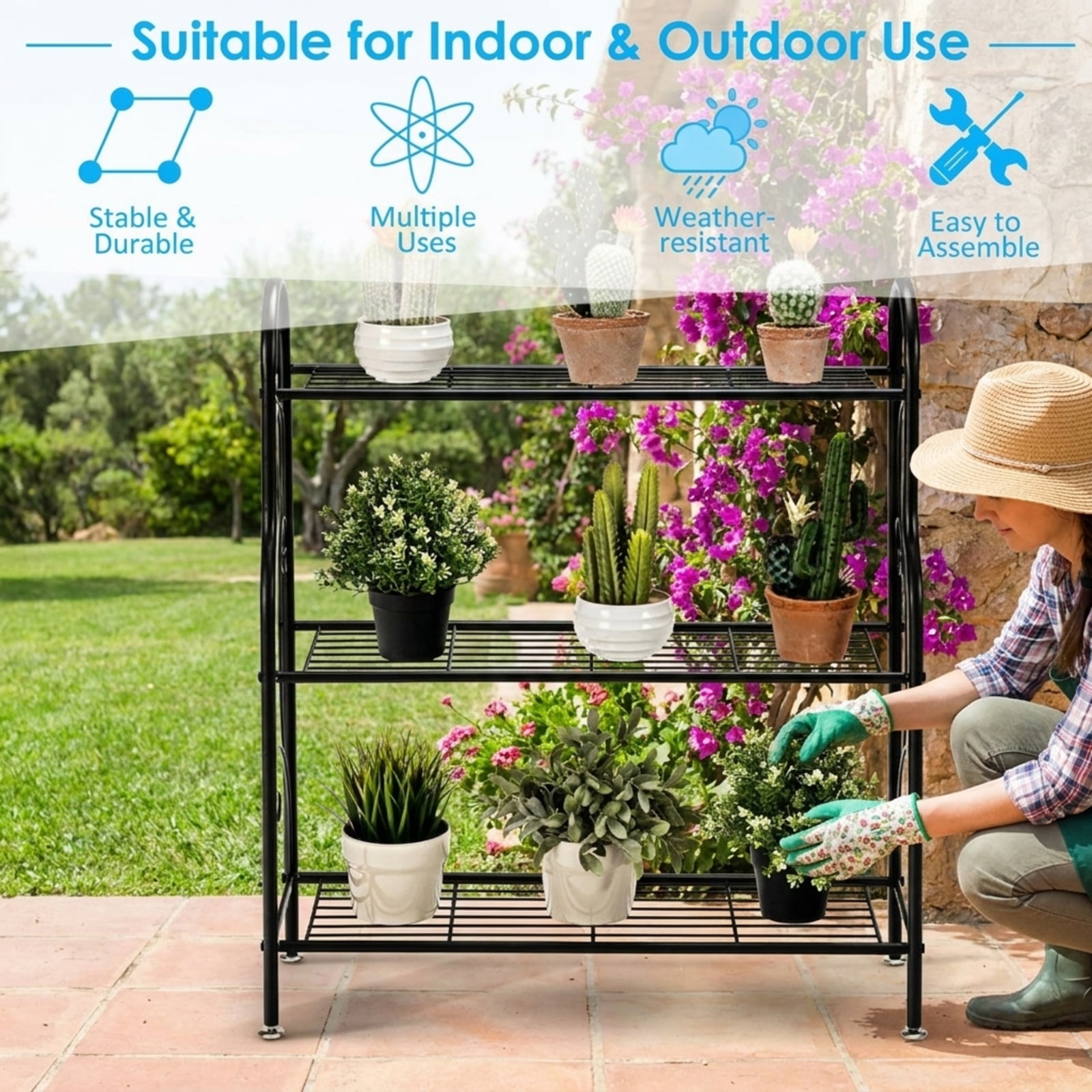 Biotree 3-Tier Scrollwork Designed Metal Plant Stand for Indoor Outdoor Patio Balcony Garden, Black