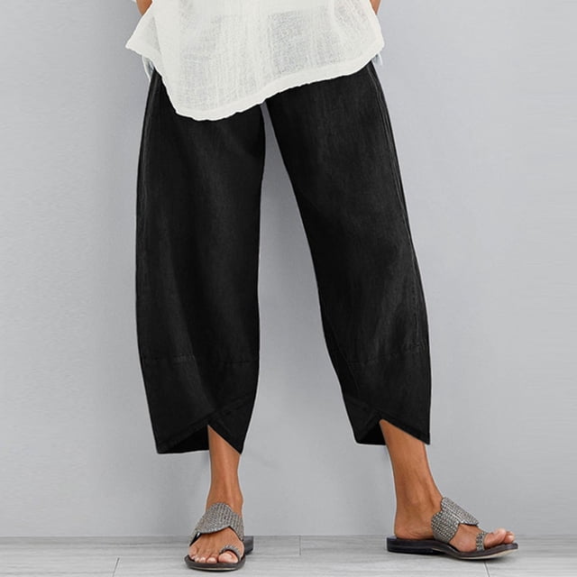 Pantalones harén para mujer, pantalones de pierna ancha de cintura elástica de lino y algodón Vintage, pantalones recortados holgados con bolsillos sólidos informales para mujer, S-5XL Tan Jianjun unisex