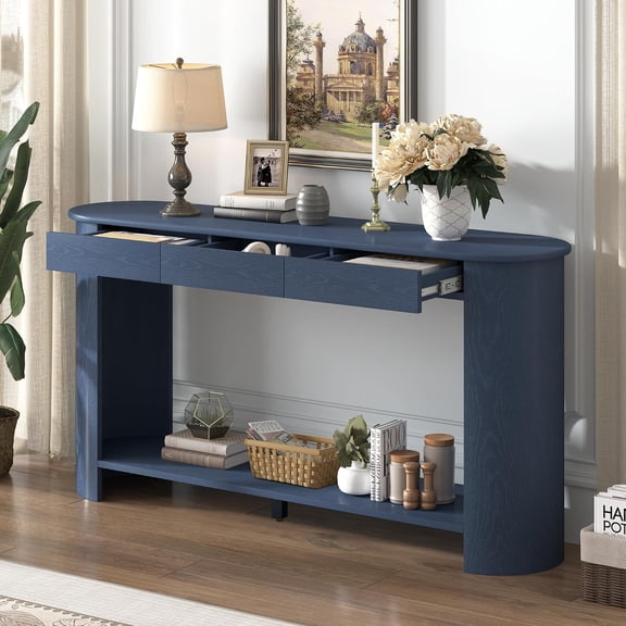 YWEN Retro Curved Console Table with 3 Top Drawers and Bottom Shelf, Wood Entryway Sofa Table with Semi-Circular Design for Living Room Hallway Foyer Corridor (Navy Blue)