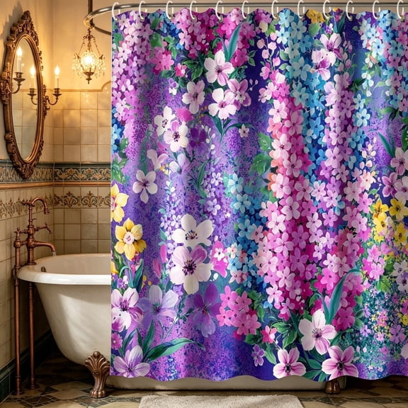 1PC Floral waterproof shower curtain, purple pure polyester shower curtain, with 12 plastic hooks