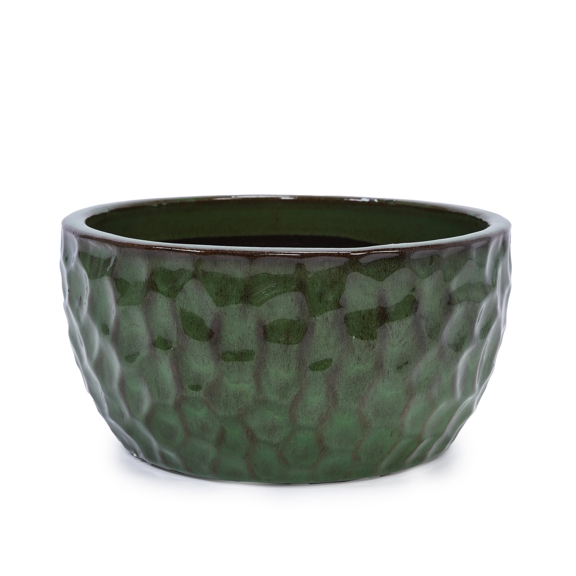 Leumius Set of 3 Handmade Ceramic Planter, 15"/12"/10" Diameter, Green Hammered Texture, for Succulents & Violets, Indoor/Outdoor Use on Windowsill & Bookshelf Green