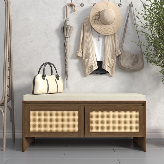 Atumcto Entryway Storage Bench with Cushion, Rattan Door, Shoe Storage for Hallway, Antique Natural
