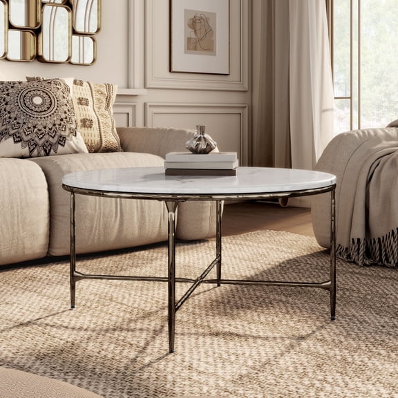 Aureum Modern Genuine Marble Top Coffee Table with Metal Frame, White and Dark Bronze