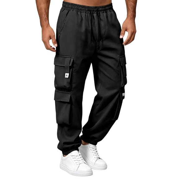 Muscularfit Cargo Men Pants Joggers Sports Pants Elastic Waist Outdoor Hiking Mens Casual Pants Taper Low Rise Black Active Fit Size XL