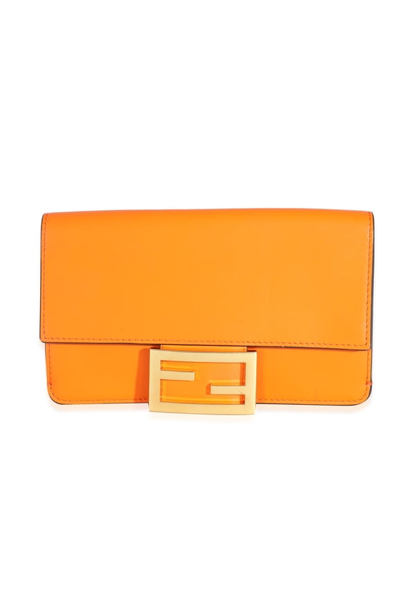 Pre-Owned Fendi Orange Calfskin Mini Flat Baguette with Brown 'Strap You' Strap