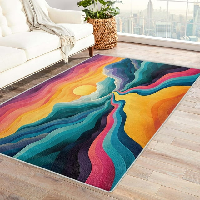 Boho Rugs for Living Room - Boho Rug & Home Decor, Abstract Sunset Multicolor Rugs for Living Room Bedroom, Washable Rugs 5x7, Non Slip Soft Low Pile Indoor Area Rug, Art Deco Carpet