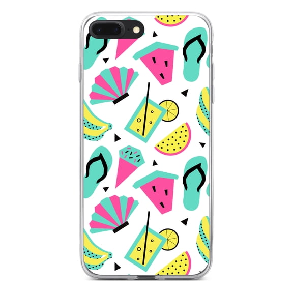 DistinctInk Clear Shockproof Hybrid Case for iPhone 7 PLUS / 8 PLUS (5.5" Screen) - TPU Bumper, Acrylic Back, Tempered Glass Screen Protector - Summer Graphics - Flip Flops Watermelown Lemonade