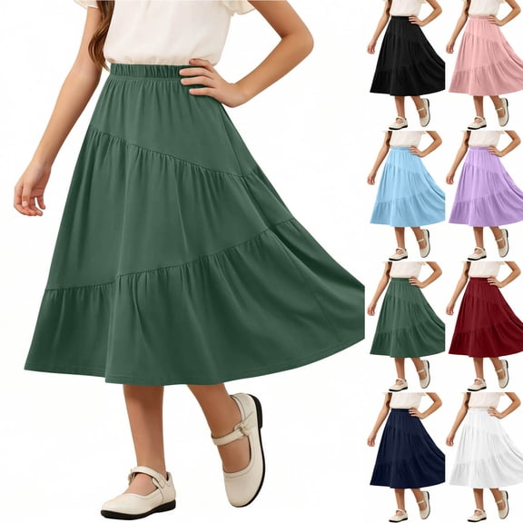 POIUYTR Girls Summer Midi Skirts Casual Elastic Waist Solid Color Smock Skirt Kids Vacation Flowy Skirts