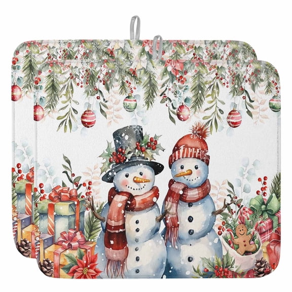 Christmas Snowman Friends Dish Drying Mat, Xmas Balls Poinsettia Leaves Absorbent Dish Drying Matt Pad for Kitchen Countertops,Sinks,Dish Drainer Racks, Large 18x24inx2 Pcs,