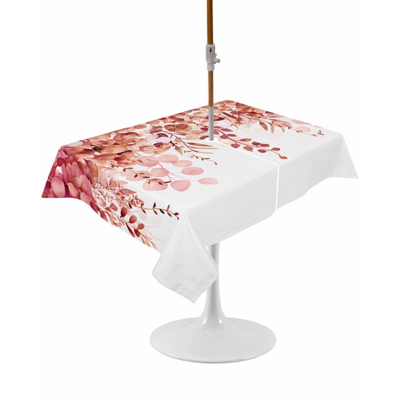 Outdoor Table Cloth with Umbrella Hole and Zipper, Red Eucalyptus Leaves Waterproof Rectangle Tablecloth 60"x102", Spring Floral Summer Botanical Washable Table Cover for Outside Party Patio Picnic