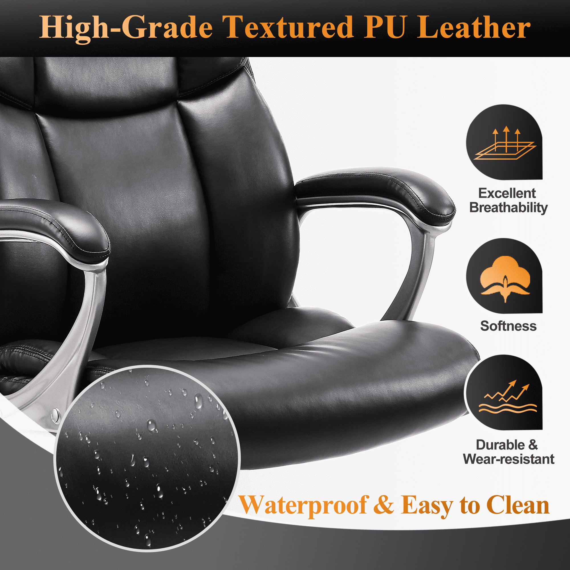 Medium-Back Leather Ergonomic Office Chair Computer Desk Chair with Lumbar Support Black