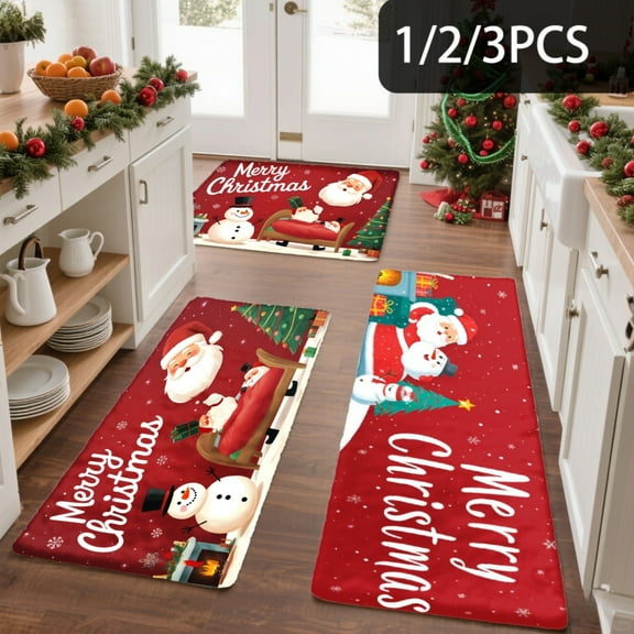 3PCS Kitchen Mat set, Welcome Door Flannel Rug,Home Decor for Front Door,Kitchen, Bathroom, Merry Christmas Santa Snowman Tree Pattern ,Great Thanksgiving Day