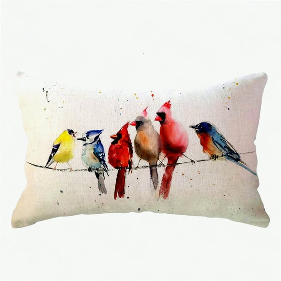 Housse de Coussin Lombaire Spring Songbird - Oiseaux Aquarelle Se Reposant sur un Coussin en Fil - Rectangulaire 12x20 Pouces - Décoration Printanière Adorable - Taie d'Oreiller
